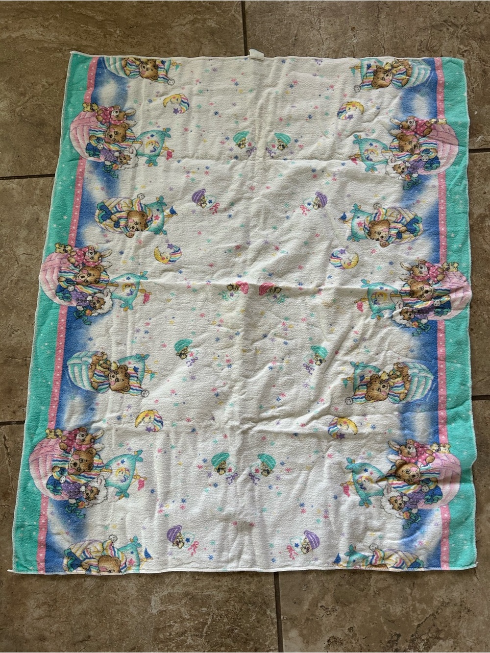Vintage Riegel Teddy Bear Flannel Baby Receiving Blanket 80s 90s Dream Stars